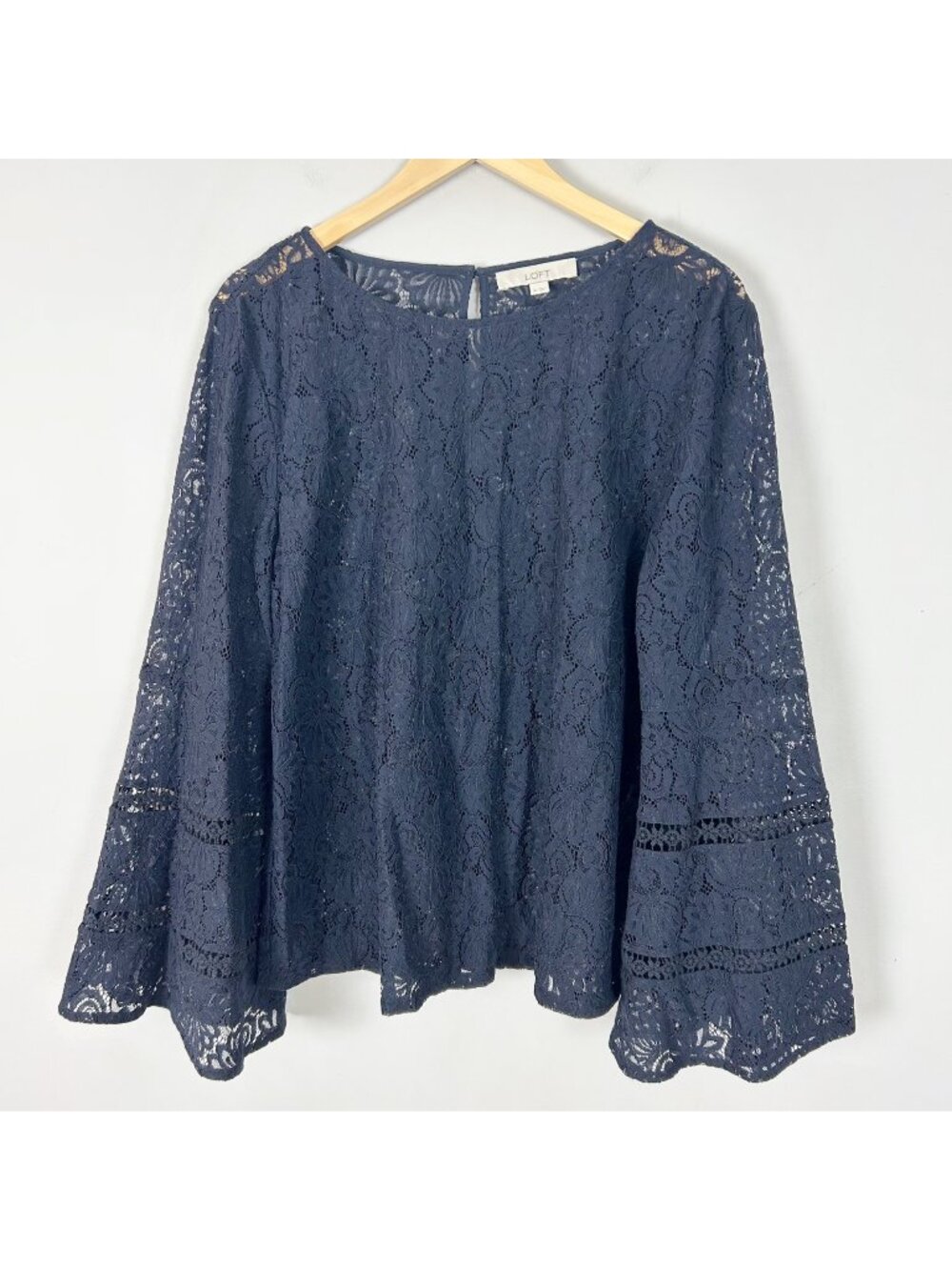 Loft Navy Full Lace Top Blouse Sheer Flare Sleeves Boho Dressy Size XL Women's